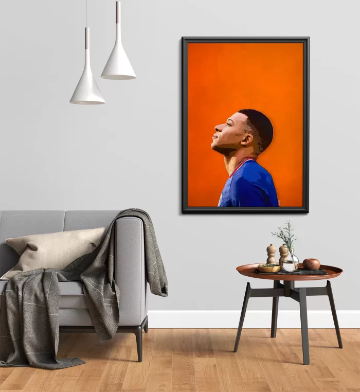 Kylian Mbappe Print by Artist Carl Carter - Showing the print in a Photo Frame and in a home setting