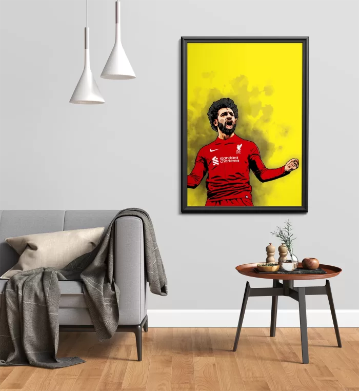 Mo Salah Print by Artist Carl Carter - Showing the print in a Photo Frame and in a home setting